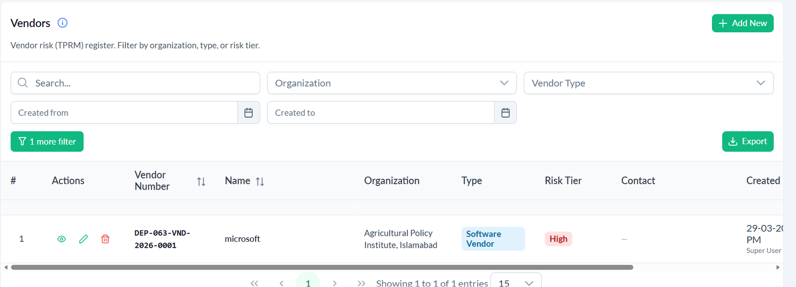 Vendors list showing vendor number, name, organization, type, risk tier and contact