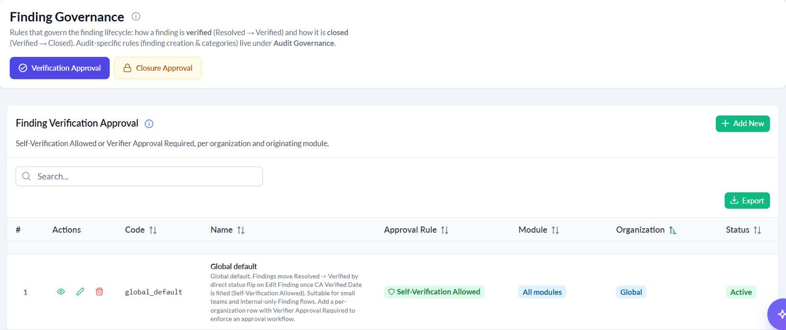 Finding Governance screen showing verification approval and closure approval rules per organization and module