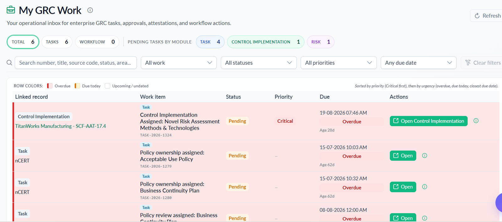 My GRC Work personal inbox listing pending tasks and workflow approvals
