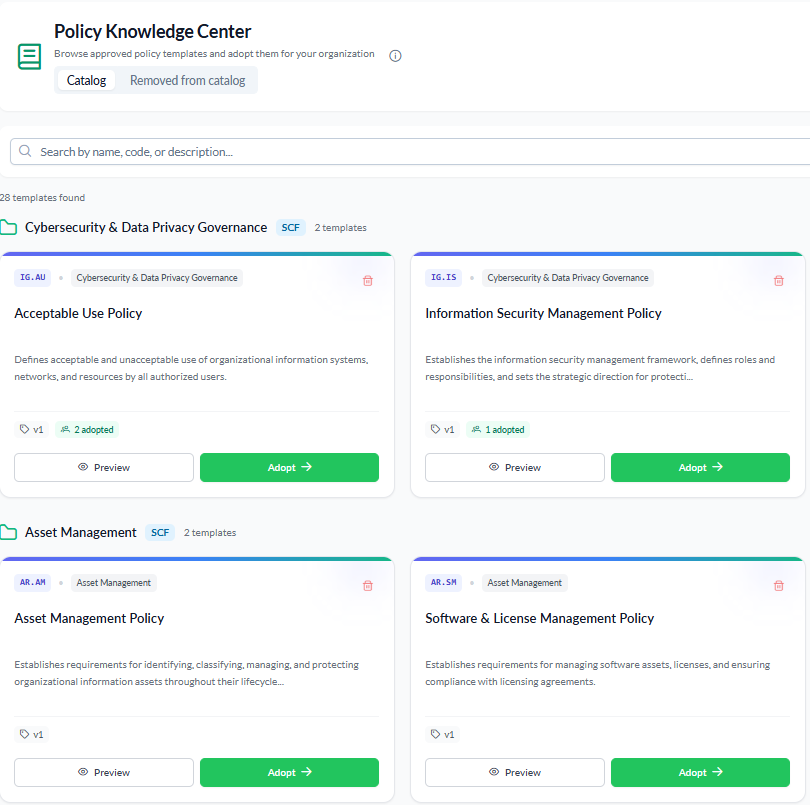 Policy Knowledge Center with approved policy template categories including Cybersecurity & Data Privacy Governance and Asset Management