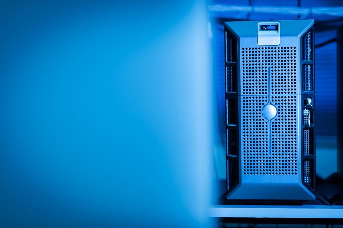 Computer server unit in a blue-lit data center