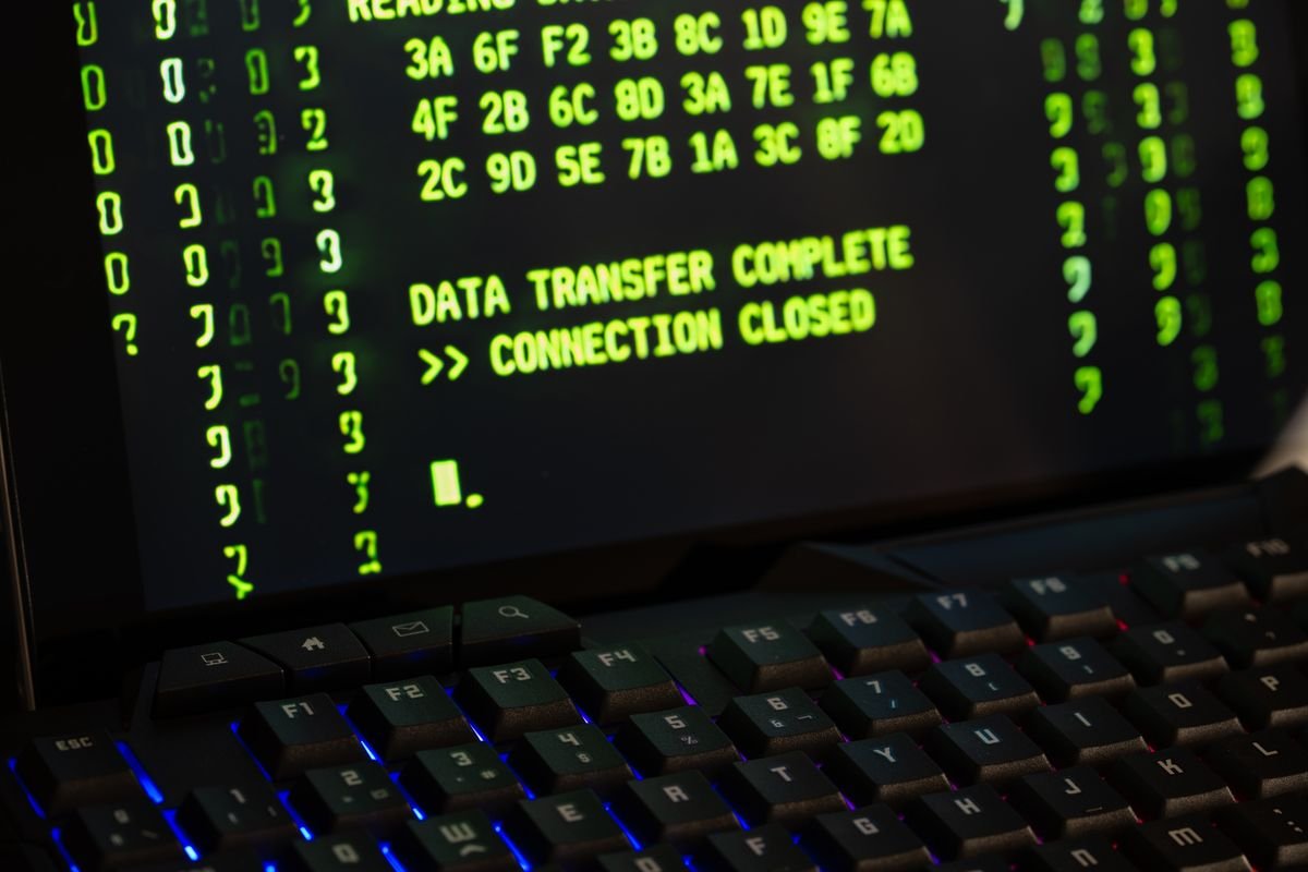 Close-up of a data transfer screen with keyboard
