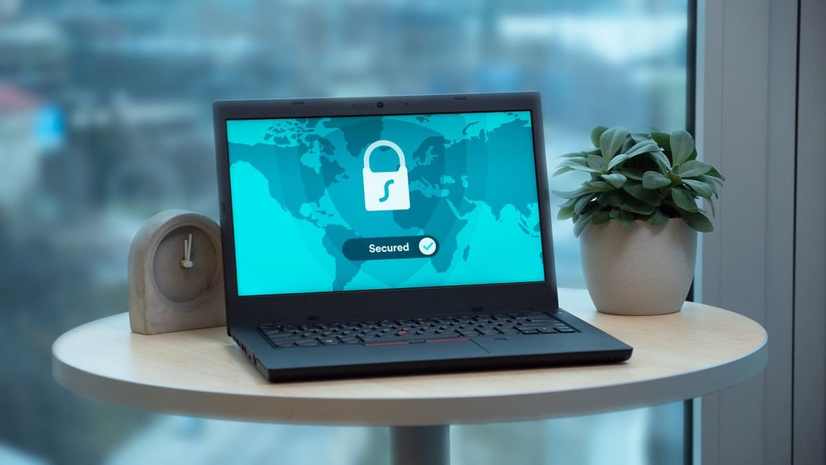 Laptop displaying a secured network status
